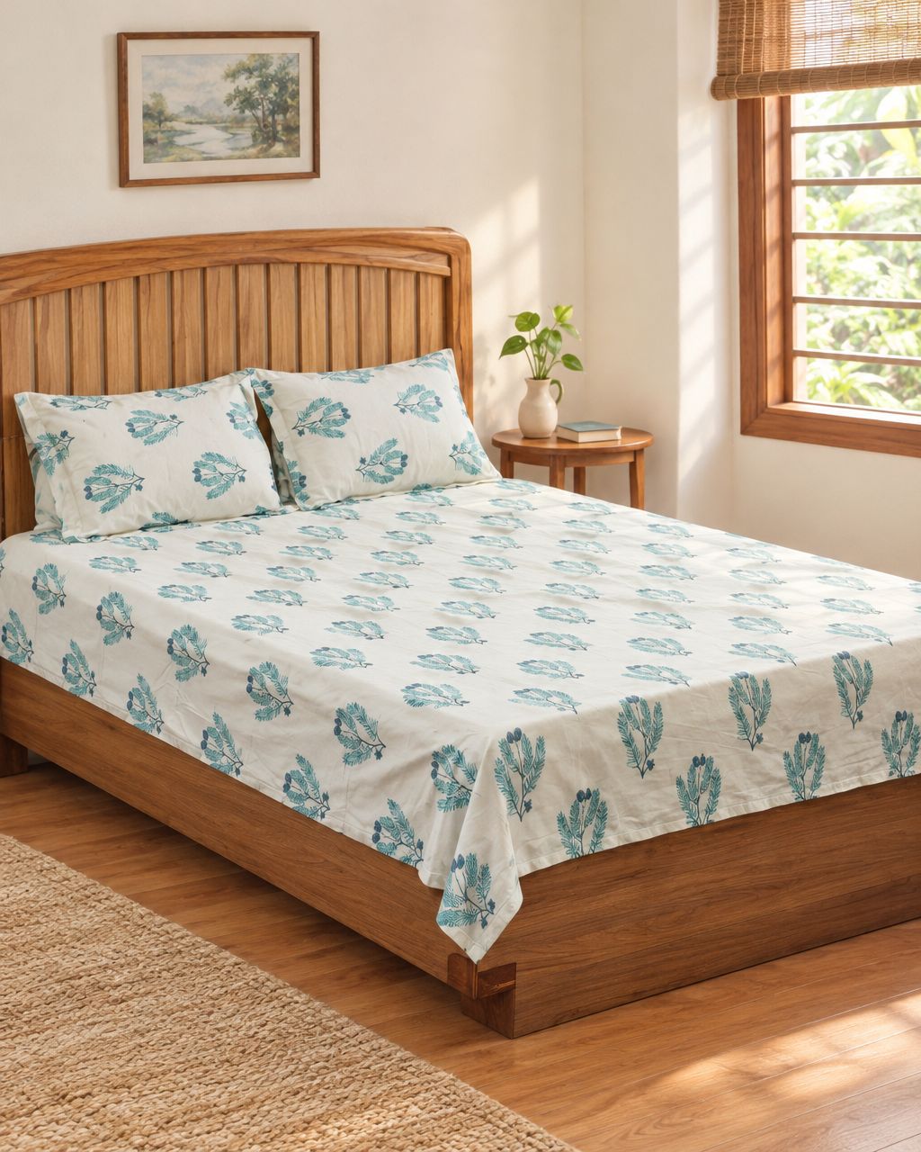 Cotton bedsheet with blue-green botanical prints in a bright, homely bedroom