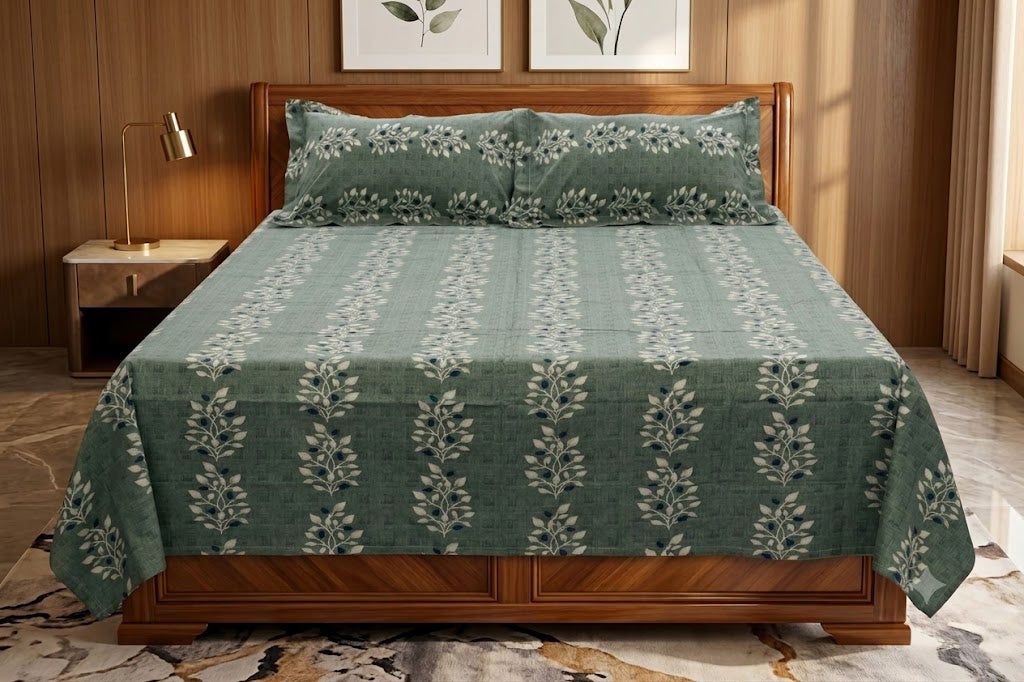 Dusty blue leafy-vine cotton-blend bedsheet with matching pillow covers