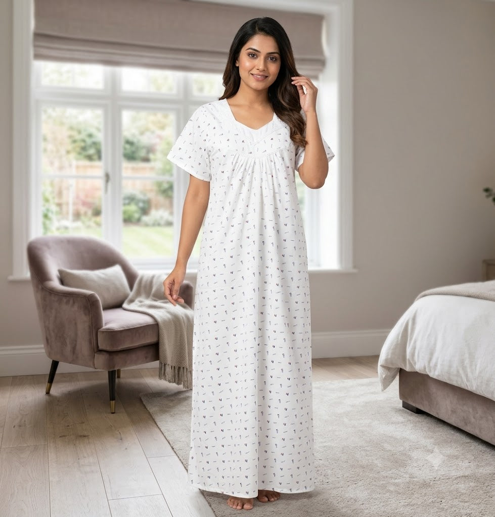 Women's Cotton Printed Full Length Nighty with Elegant Lace Yoke – Comfortable Daily Wear