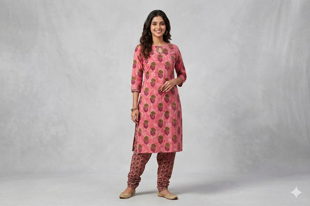 oft Cotton Printed Dress Material Set for Women – Pink Floral Print | Top 2.50 m & Bottom 2.00 m | Unstitched