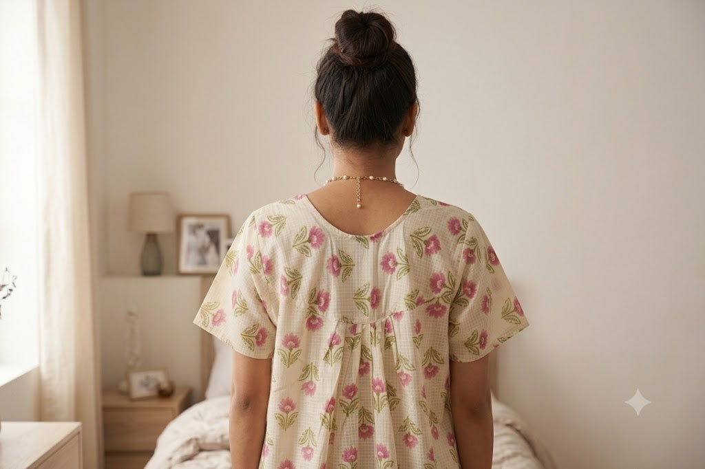 Women’s Full Length Cotton Nighty – Pink Floral Print with Hakoba Lace Neckline