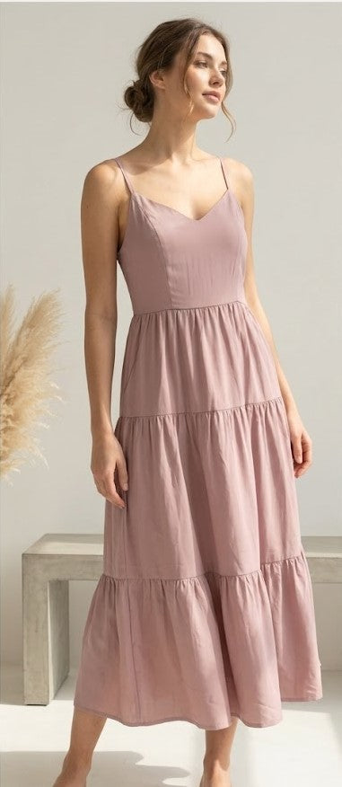 Imported Free Size Tiered Midi Frock for Women – Dusty Pink | Adjustable Shoulder Straps | Stretch Back
