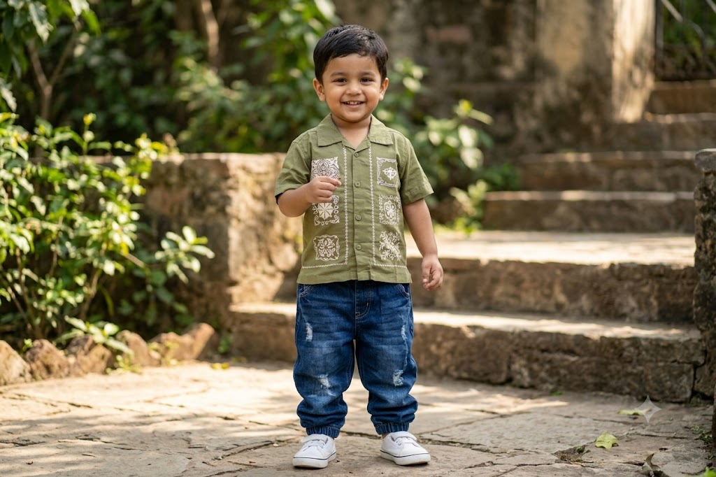 Boys Olive Green Cuban Collar Shirt with White Bandana Motif Print