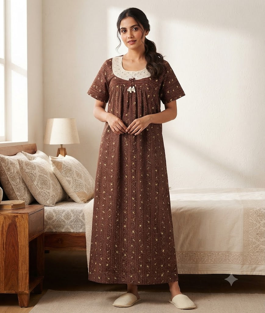 Women's Maroon Floral Vine Cotton Nighty – Full Length (Size XL)