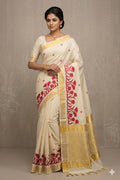 Kerala Tissue Saree with Golden Border & Floral Embroidery | Includes Matching Blouse Piece