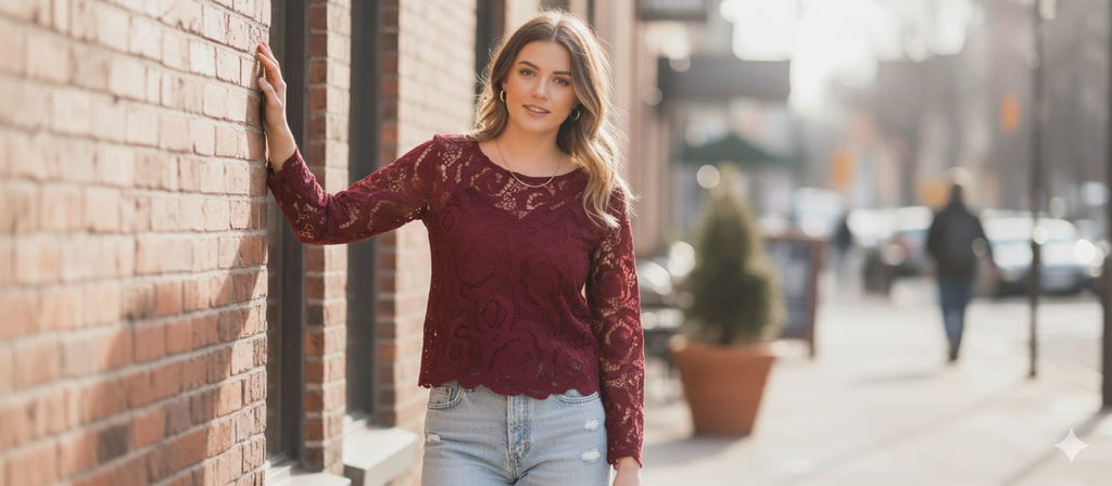 Maroon Floral Lace Jeans Top – Free Size Elegant Party Wear - View 2 - Floral - Nushio