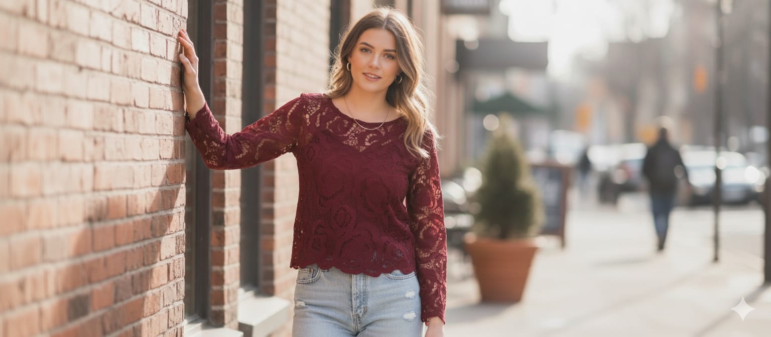 Maroon Floral Lace Jeans Top – Free Size Elegant Party Wear - View 2 - Floral - Nushio