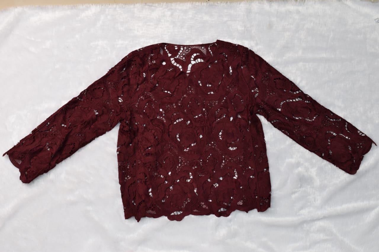 Maroon Floral Lace Jeans Top – Free Size Elegant Party Wear - View 3 - Floral - Nushio