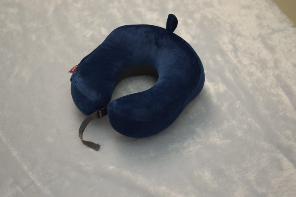 Premium Memory Foam Travel Neck Pillow – Soft Velvet Cover with Adjustable Strap (Navy Blue) - View 3 - Nushio