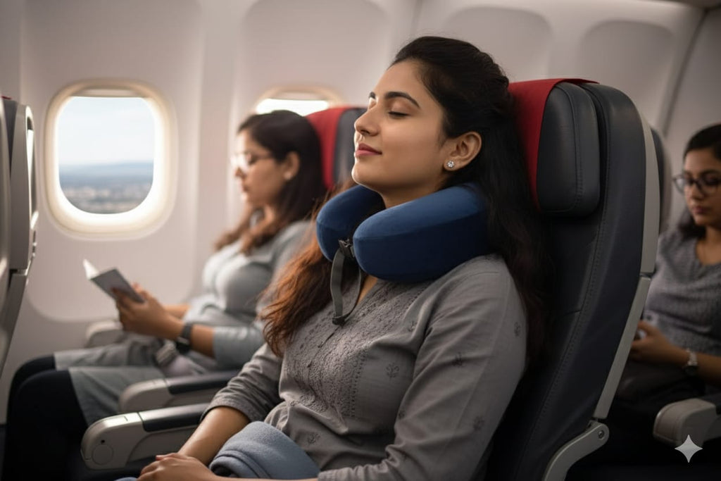 Premium Memory Foam Travel Neck Pillow – Soft Velvet Cover with Adjustable Strap (Navy Blue) - Main Product Image - Nushio