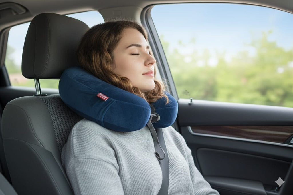 Premium Memory Foam Travel Neck Pillow – Soft Velvet Cover with Adjustable Strap (Navy Blue) - View 2 - Nushio