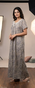 Women's Full Length Cotton Nighty – Grey Leopard Print with Lace Neckline | Soft & Comfortable Sleepwear