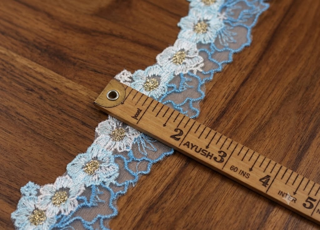 Floral Embroidered Net Lace Trim – Baby Blue, White & Gold | Decorative Sewing & Dress Border | 10 Yards (9.1 m)
