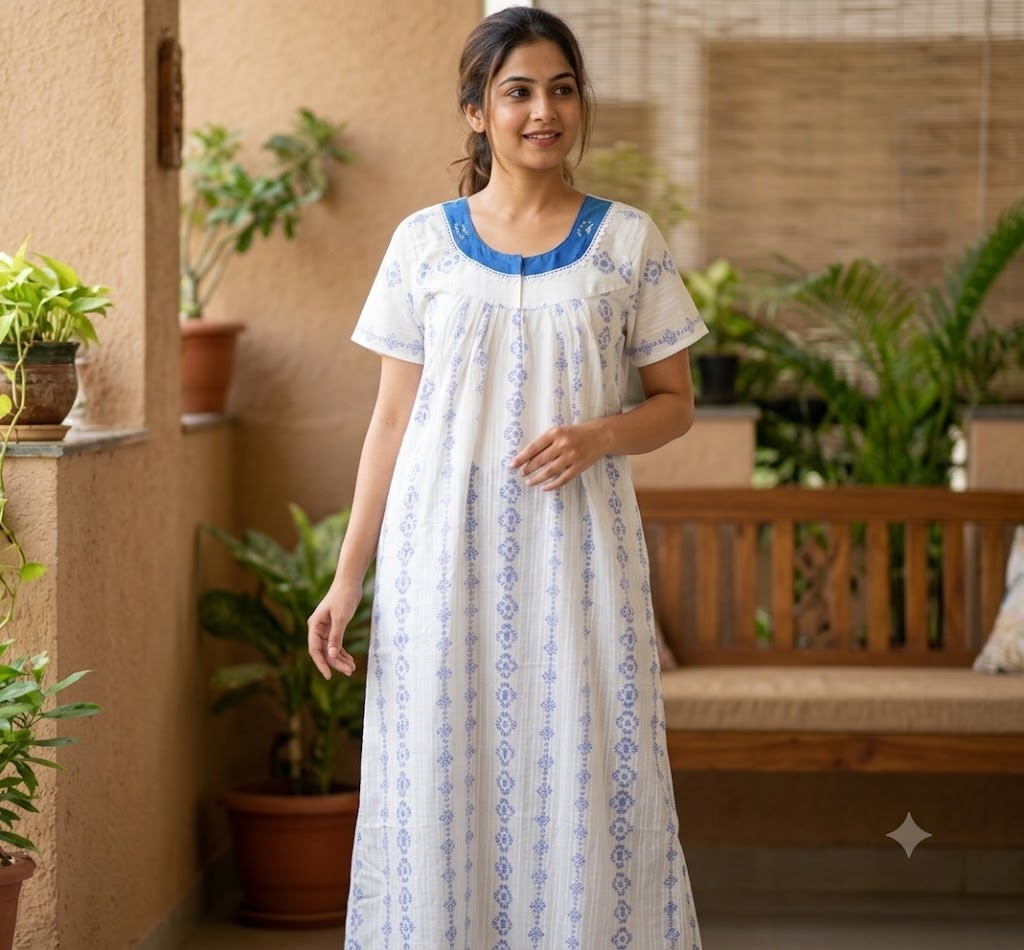 Women's& Cotton Full Length Printed Nighty with Lace Neck Design | 56" Length | White & Blue