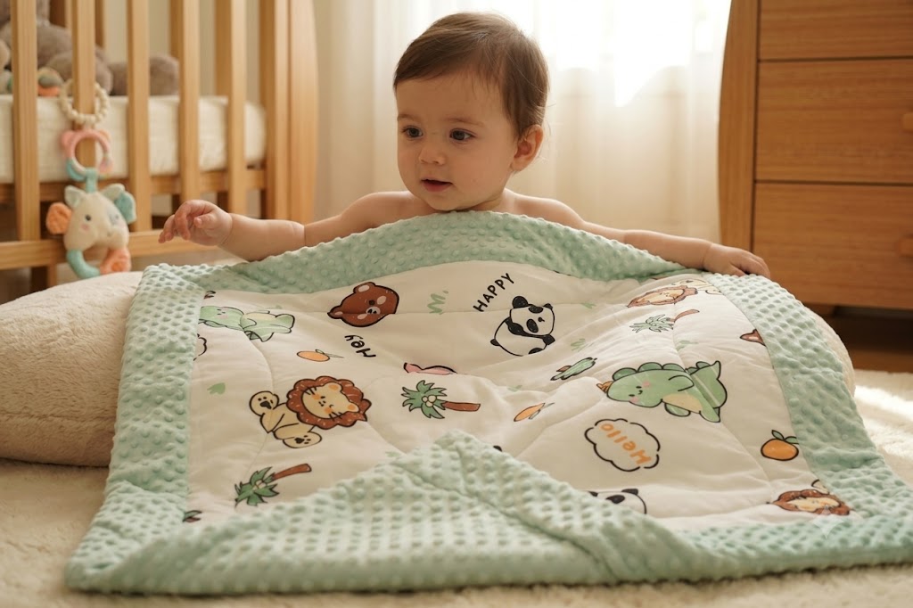 95 × 95 cm Ultra Soft Baby Minky Square Blanket – Plush Double Layer Receiving & Swaddle Blanket | Baby Green &amp; White Animal Print