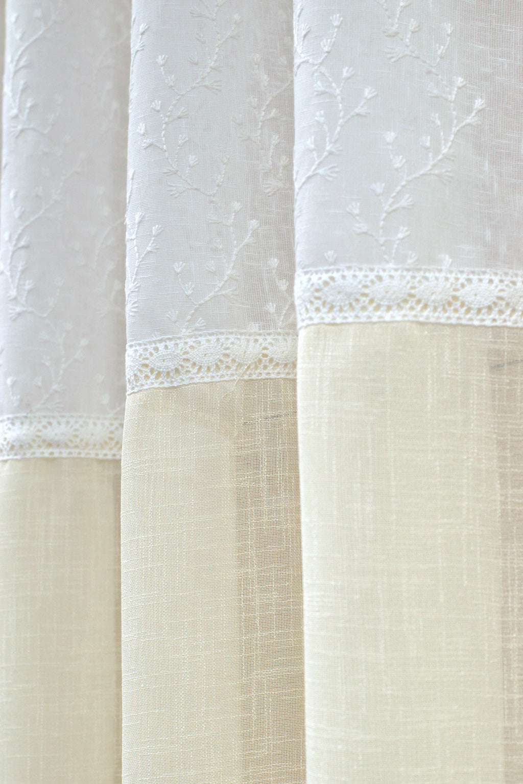 Off-White Semi Linen Door Curtain with Floral Embroidery