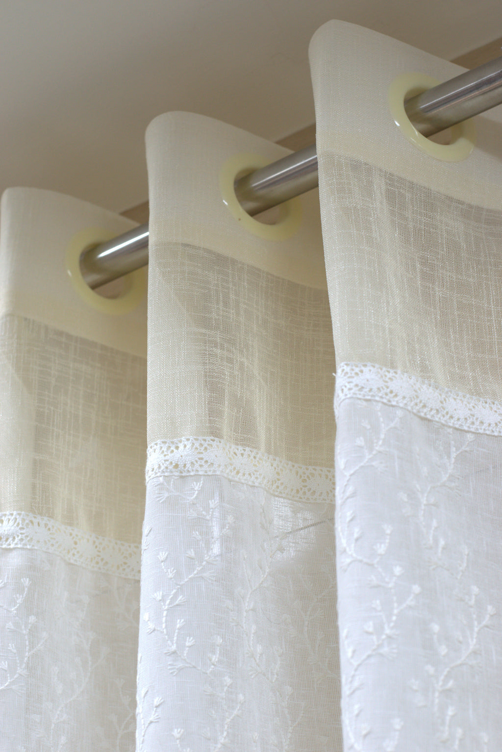 Off-White Semi Linen Door Curtain with Floral Embroidery