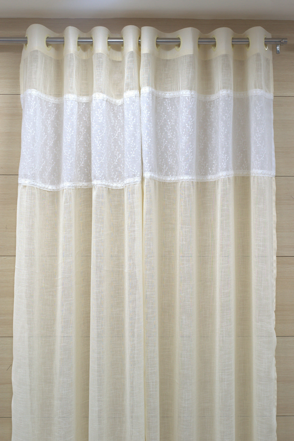 Off-White Semi Linen Door Curtain with Floral Embroidery