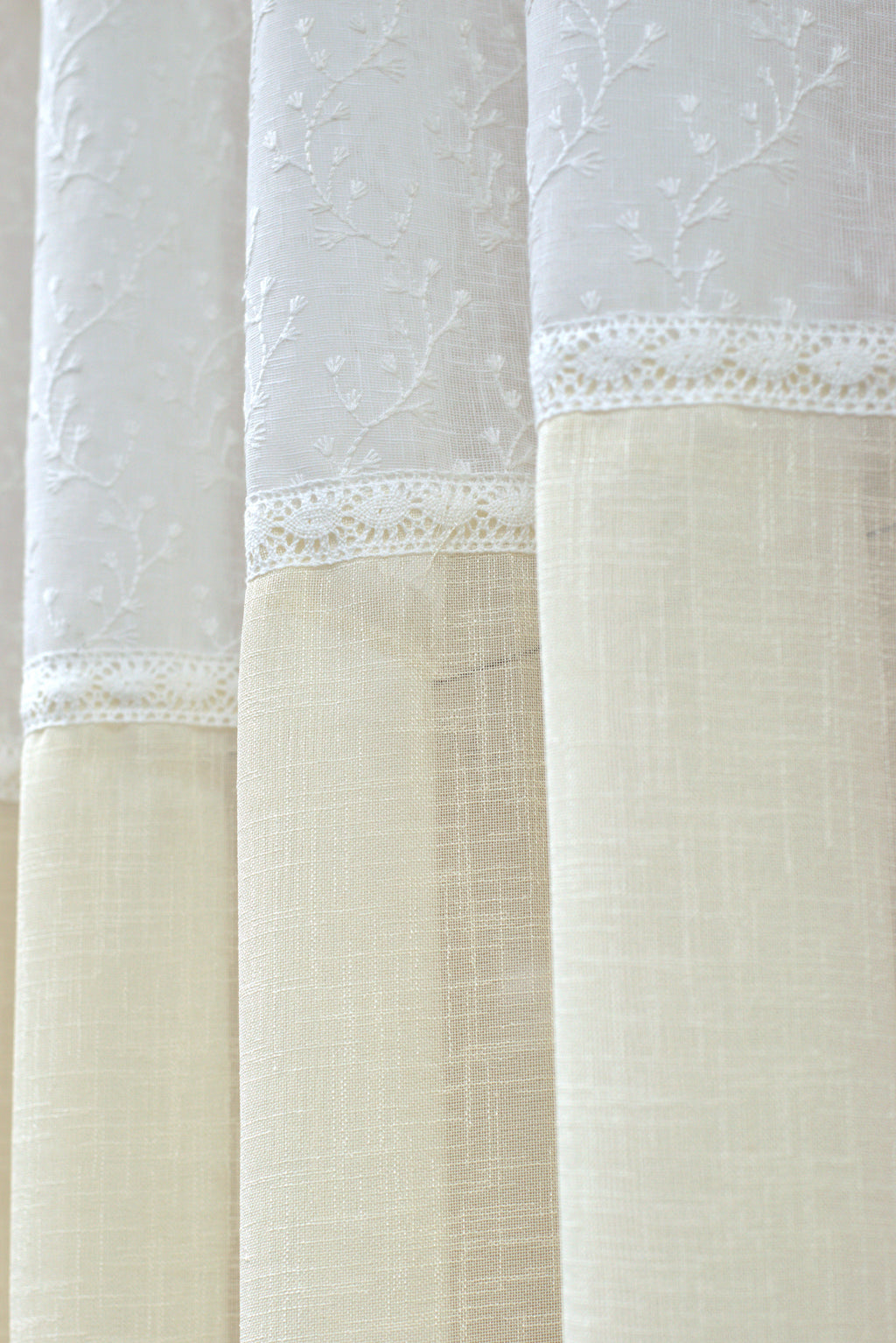 Off-White Semi Linen Door Curtain with Floral Embroidery - View 3 - Linen Floral - Nushio