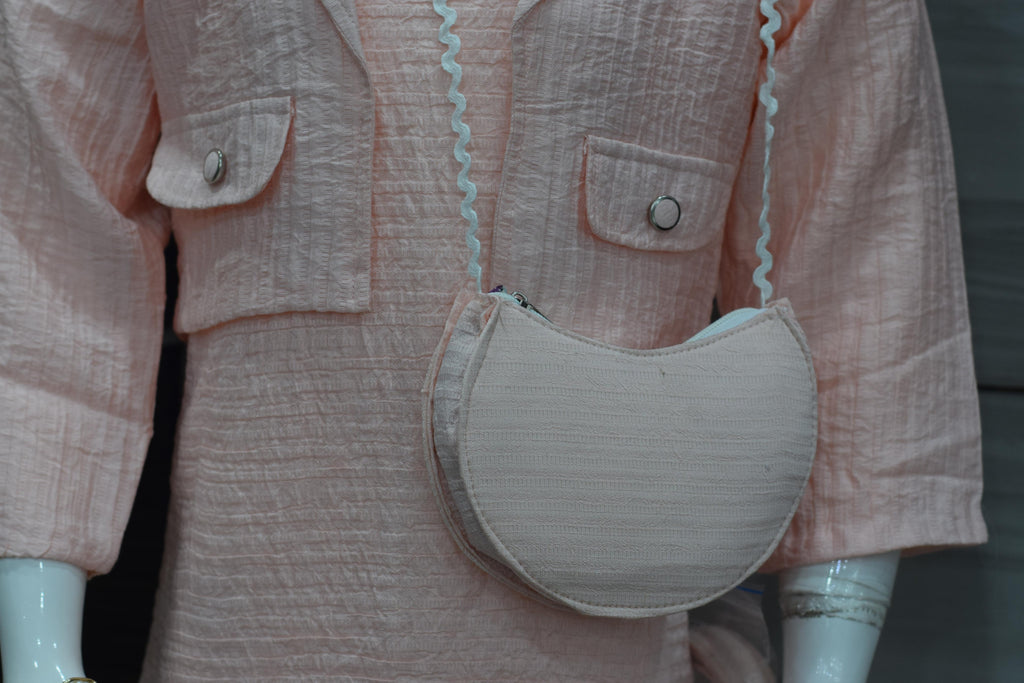 Girls Peach Textured Frock with Jacket & Embroidered Floral Design - Detail View - Floral Embroidered - Nushio