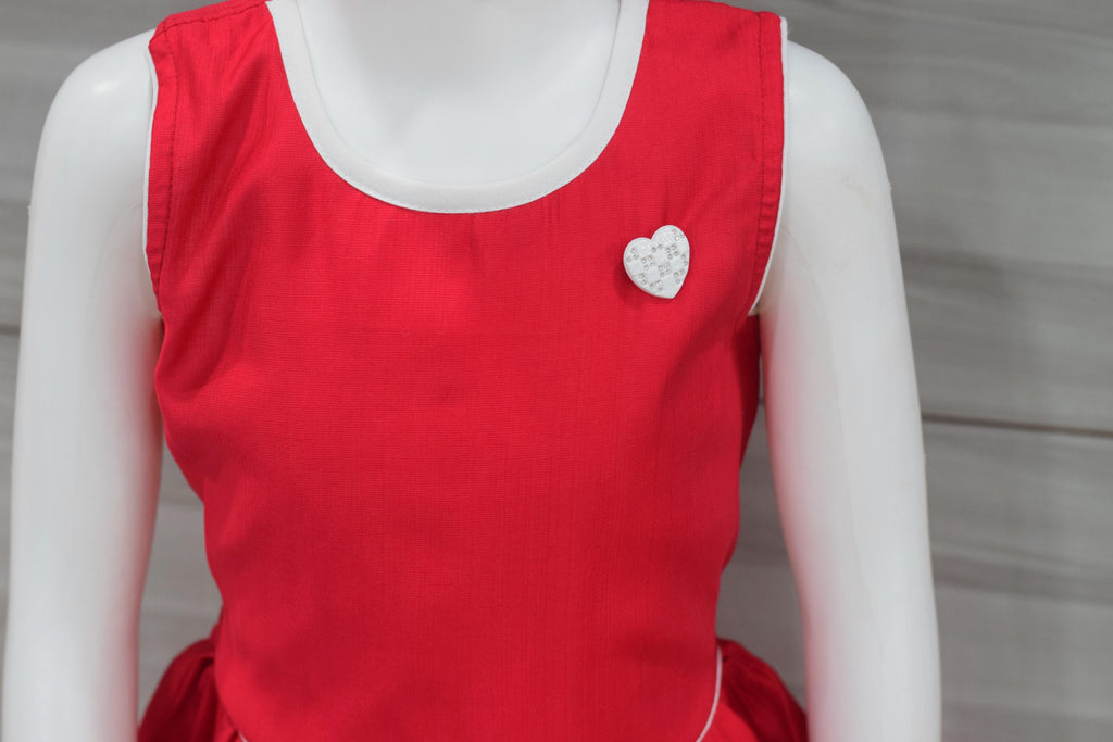 Girls Red Cotton Frock with Crochet Pockets & Heart Brooch
