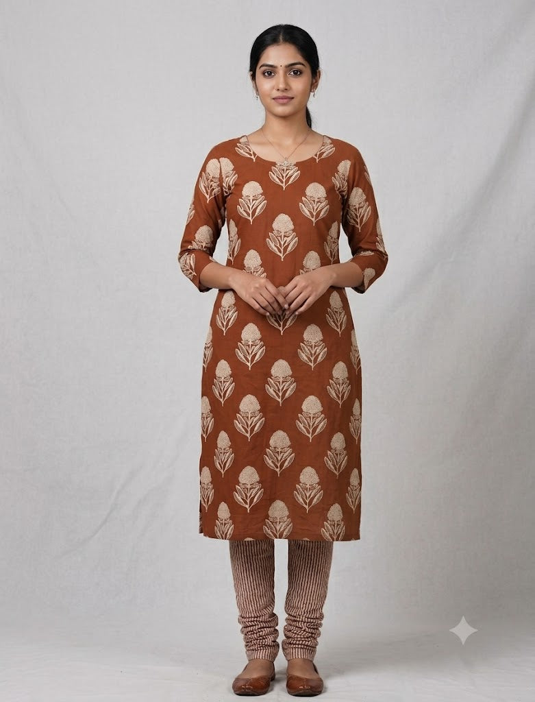 Soft Cotton Floral Print Dress Material Set – Rust Brown & Cream | Top & Bottom Fabric