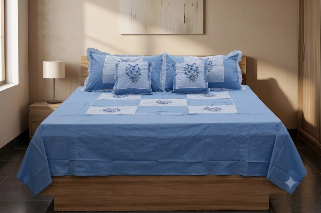 Queen Size Blue Floral Embroidered Bedspread Set with Pillow cover & Cushion  – 90 x 100 Inches