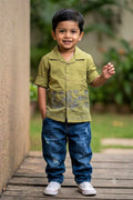 Boys Olive Green Cuban Collar Shirt with Scenic Embroidered Hem