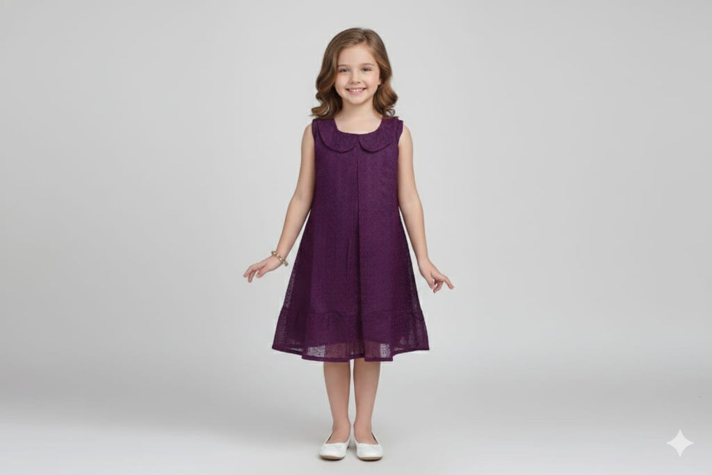 Girls Purple Embroidered A-Line Frock with Peter Pan Collar - Main Product Image - Embroidered - Nushio