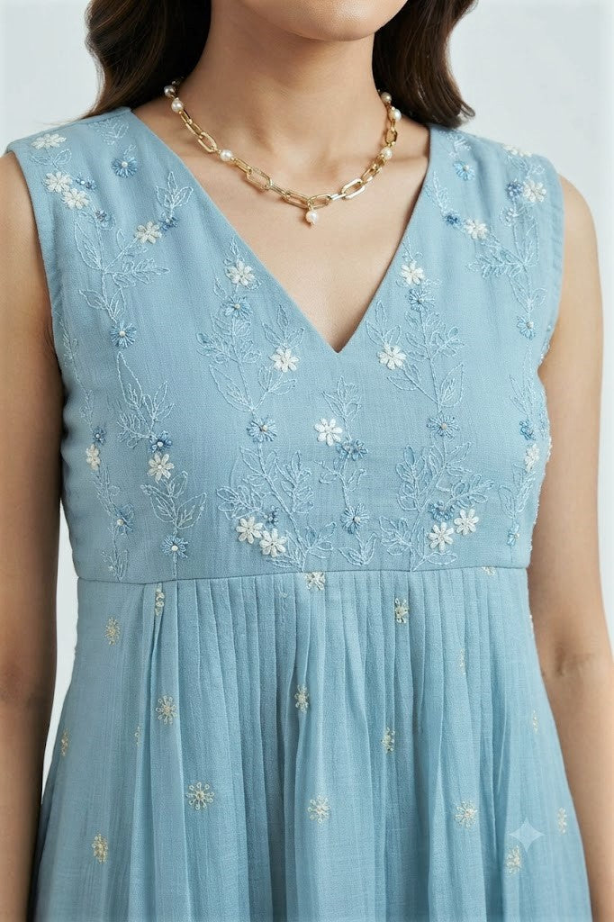 Women’s Sky Blue Mul Chiffon Embroidered Ready-Made Top | Floral Embroidery & Pleated Flare