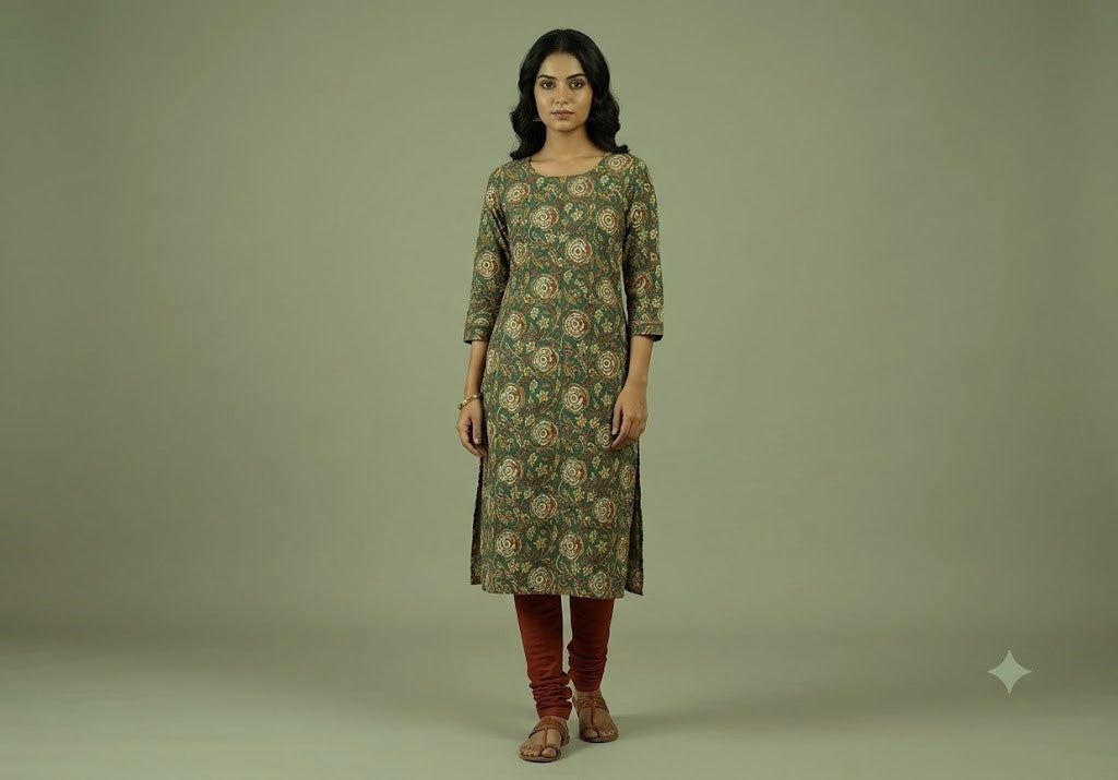 Soft Cotton Floral Vine Print Dress Material Top – Teal Green | 44" Width | 2.5 Meters