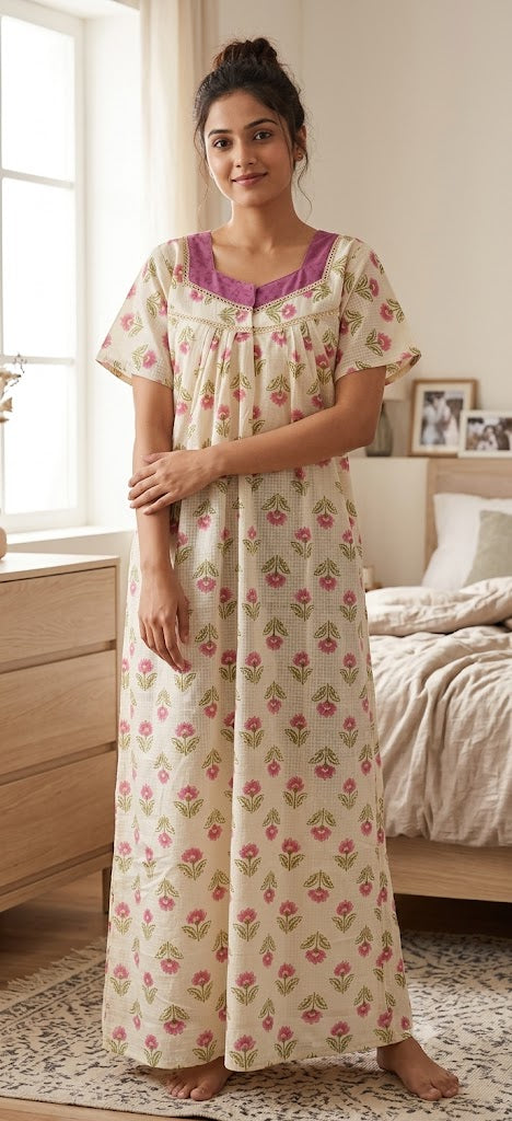 Women’s Full Length Cotton Nighty – Pink Floral Print with Hakoba Lace Neckline