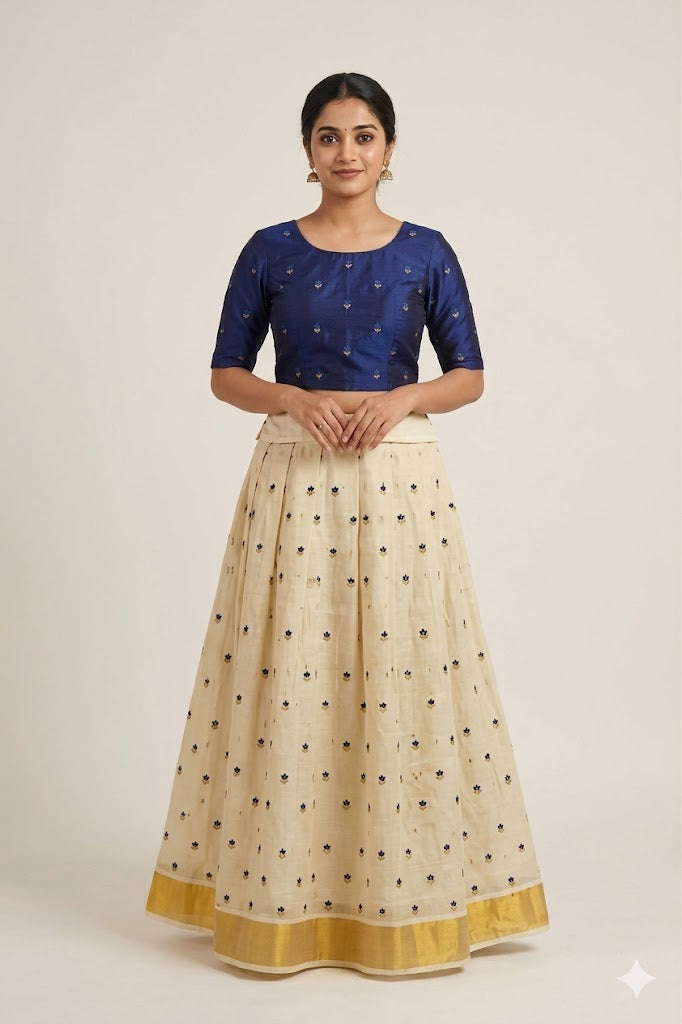 Elegant Cream Tissue Dress Material Set with Embroidered Butti Work & Golden Border