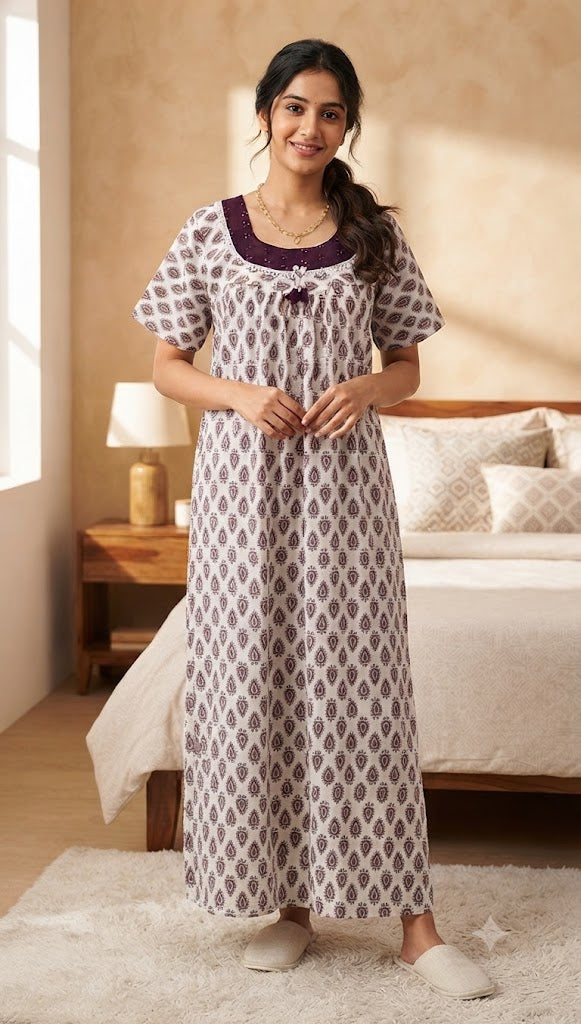 Women's Wine & Off-White Teardrop Print Cotton Nighty – Full Length (Size XL)