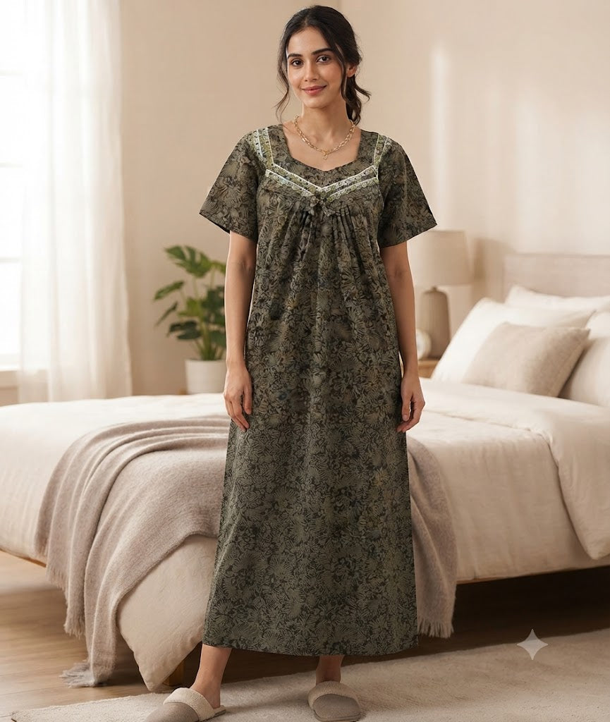 Women’s Full Length Cotton Nighty – Printed Comfort Nightdress | Size L