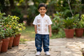 Boys Off-White Cuban Collar Shirt with Golden-Brown Motif Print