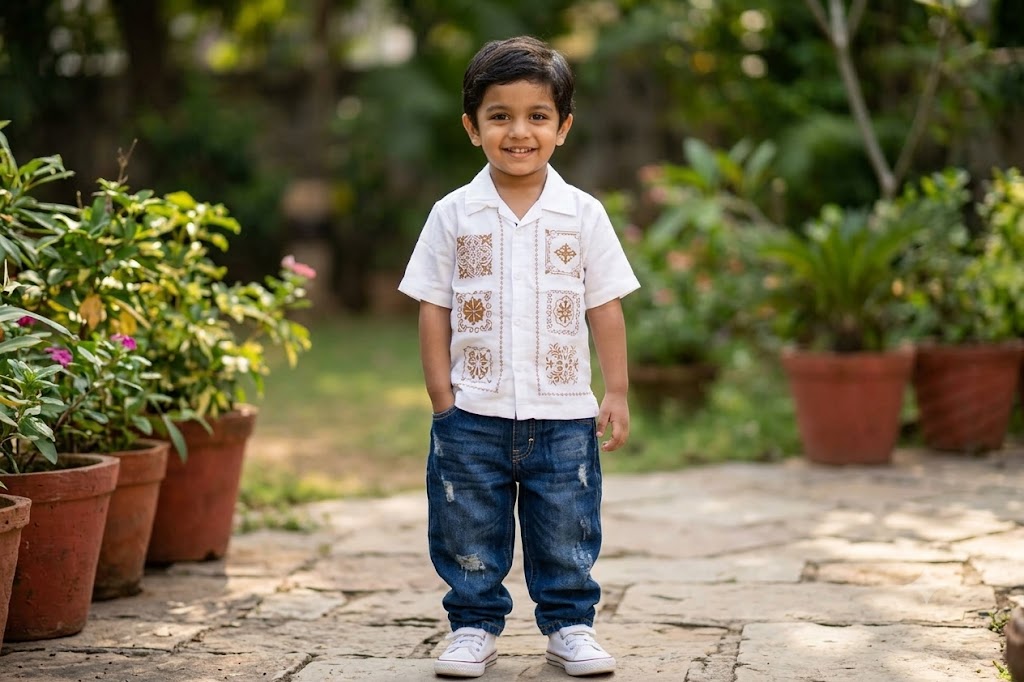 Boys Off-White Cuban Collar Shirt with Golden-Brown Motif Print