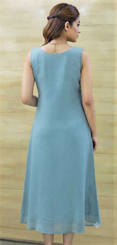 Women’s Sky Blue Mul Chiffon Embroidered Ready-Made Top | Floral Embroidery & Pleated Flare