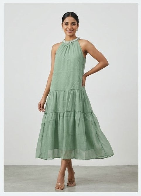 Imported Free Size Women's Tiered Frock Dress – Sage Green | Pearl Embellished Halter Neck | Elegant Party Wear