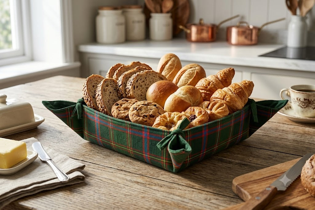 Green Plaid Fabric Bread Basket – 30x30 cm Collapsible Table Caddy
