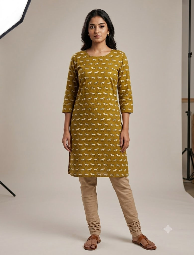 Mustard Yellow Horse Print Soft Cotton Top Material – 44" Width | 2.50 Meter Fabric