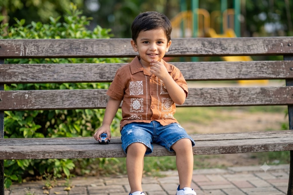 Boys Rust Brown Cuban Collar Shirt with White Bandana Motif Print