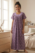 Women’s Purple Floral Printed Cotton Full Length Nighty | Short Sleeve Nightgown