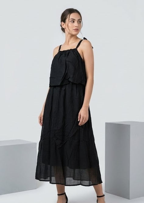 Imported Free Size Black Layered Frock for Women | Sleeveless Flowy Midi Dress