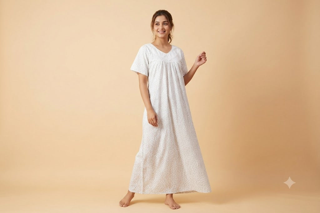 Women's Cotton Printed Full Length Nighty with Hakoba Yoke & Lace Trim – 54 Inch Length