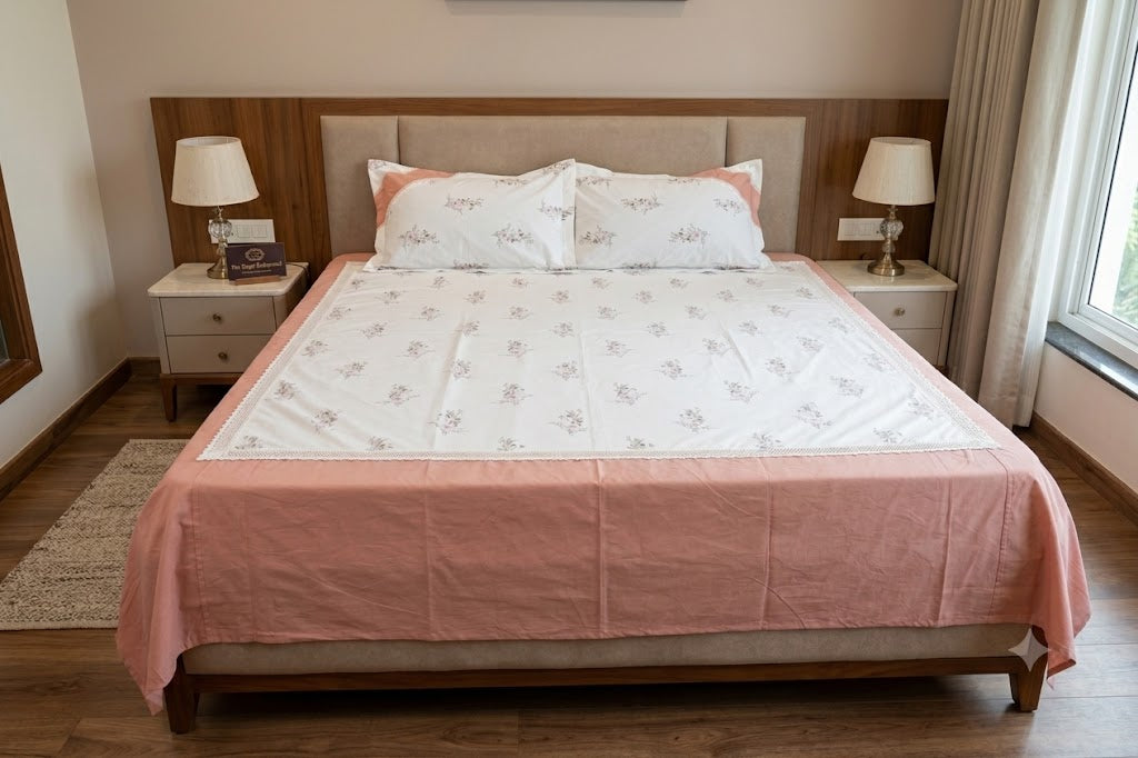 King Size Floral Cotton Bedspread Set with 2 Pillow Covers – White & Blush Pink | 98" x 106"