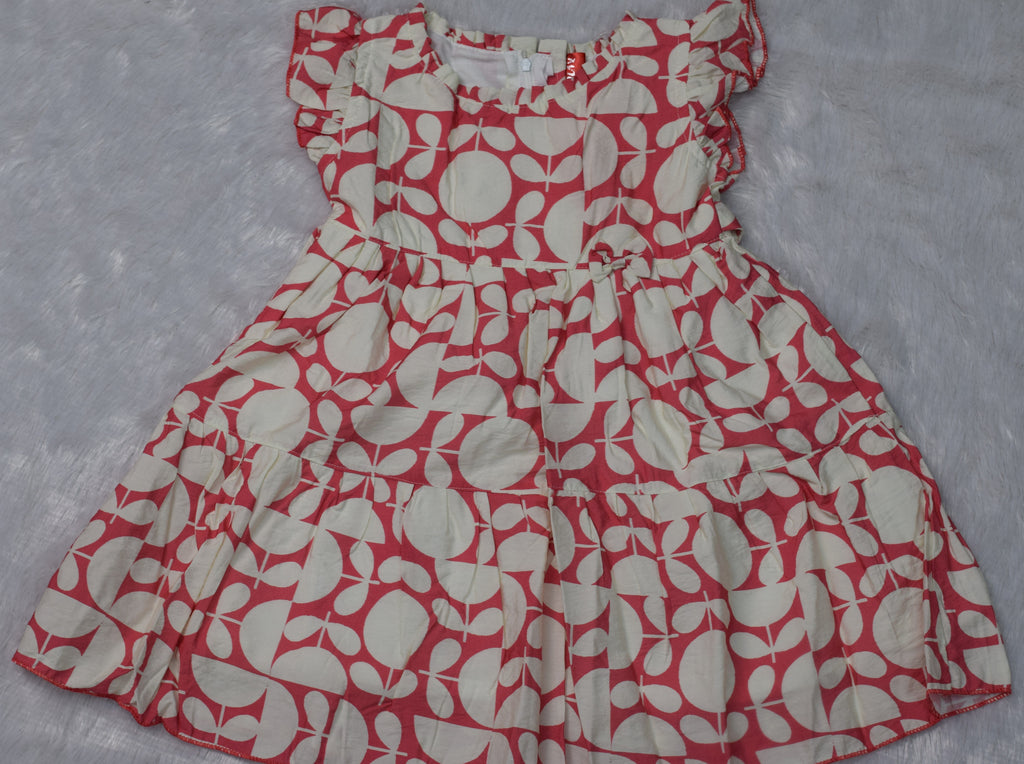 Girls Red & Cream Leaf Print Cotton Frock with Ruffle Sleeves