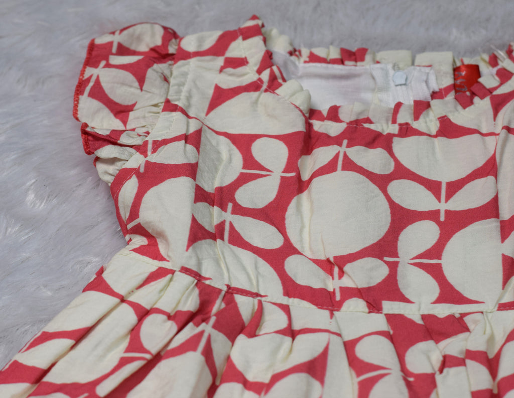 Girls Red & Cream Leaf Print Cotton Frock with Ruffle Sleeves - View 3 - Cotton - Nushio