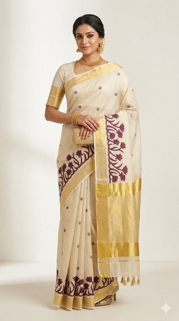 Kerala Tissue Saree with Lotus Embroidery Border &a Matching Blouse Piece