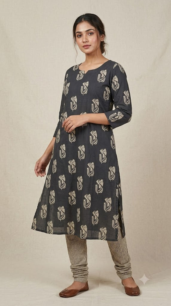 Soft Cotton Floral Print Dress Material Set – Black &amp; Cream | Top & Bottom Fabric